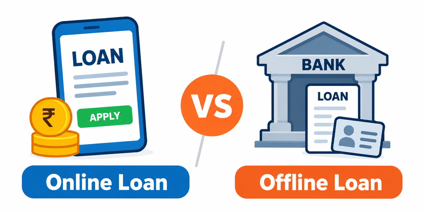 Online Loan vs Offline Loan comparison showing digital loan application and traditional bank loan process.